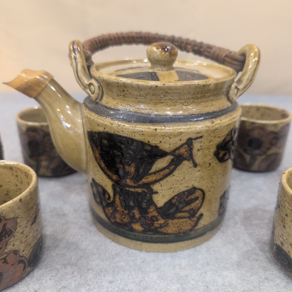 Vintage Hand Painted Ceramic Tea Set Teapot 6 Cups Bird Floral Speckled Tan - Picture 2 of 13